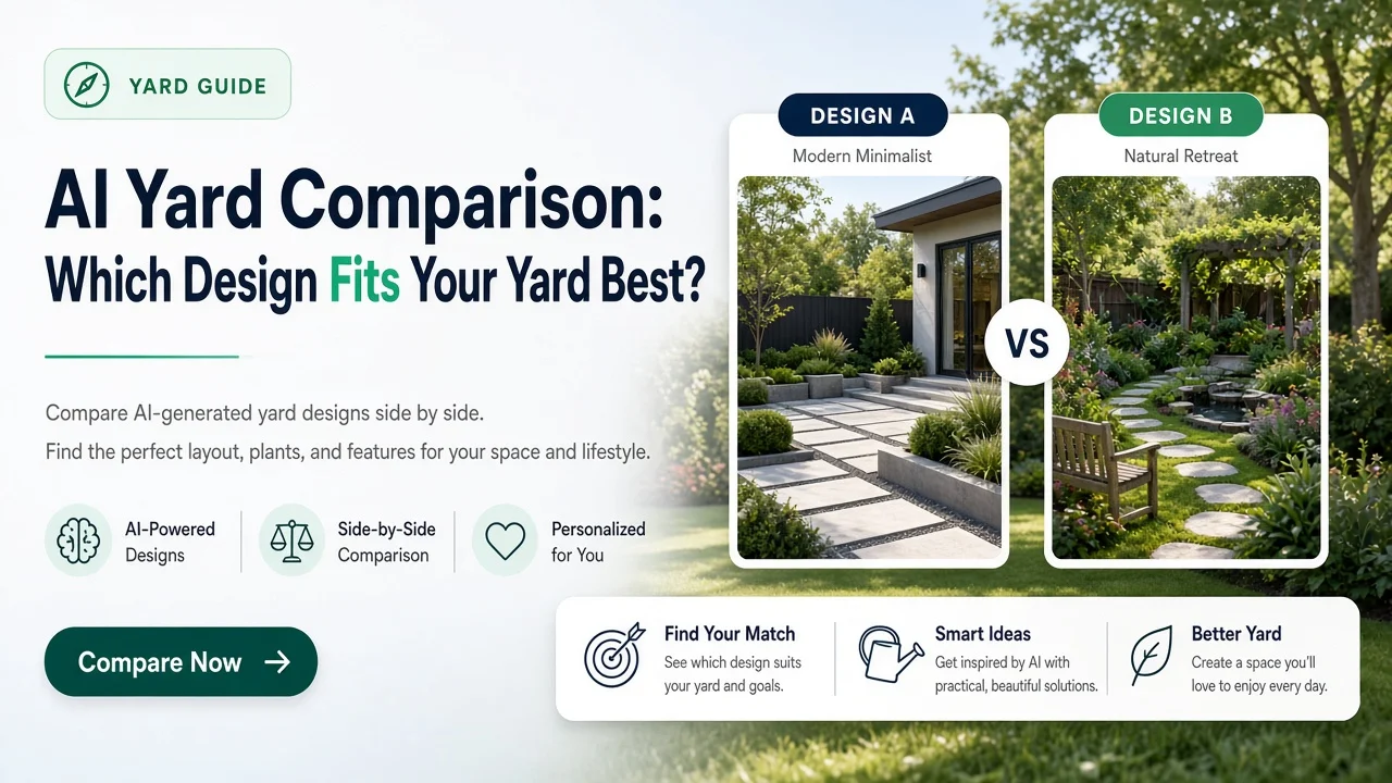 AI landscape design comparison: suburban yard photo with planned landscaping and numbered plant planning sheet