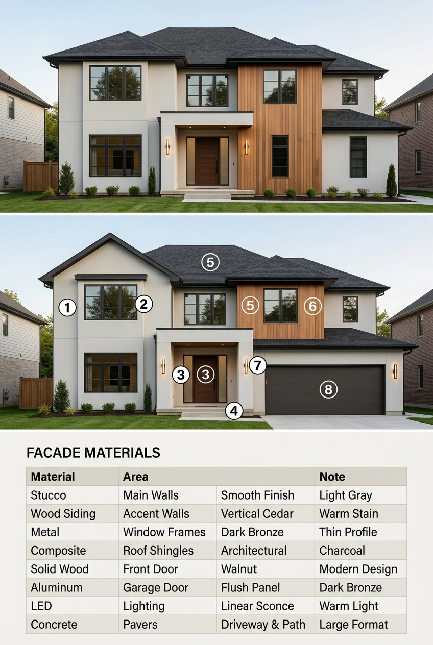 Best quality facade sheet example: clean exterior, numbered material callouts, and facade materials brief